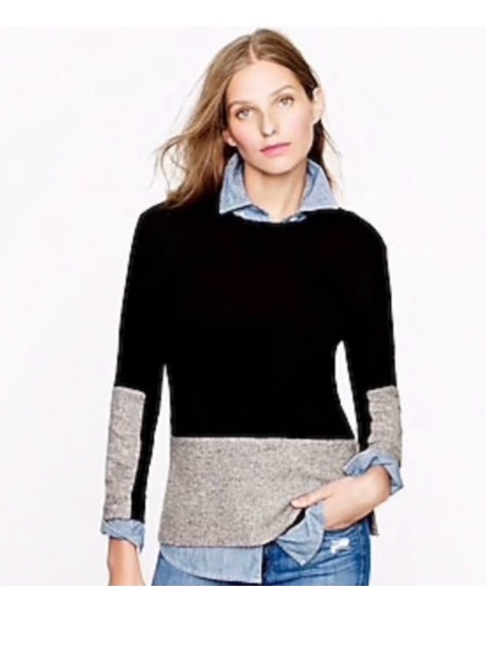 J.Crew With Cashmere Colorblock Crewneck Sweater Black Gray Donegal XS